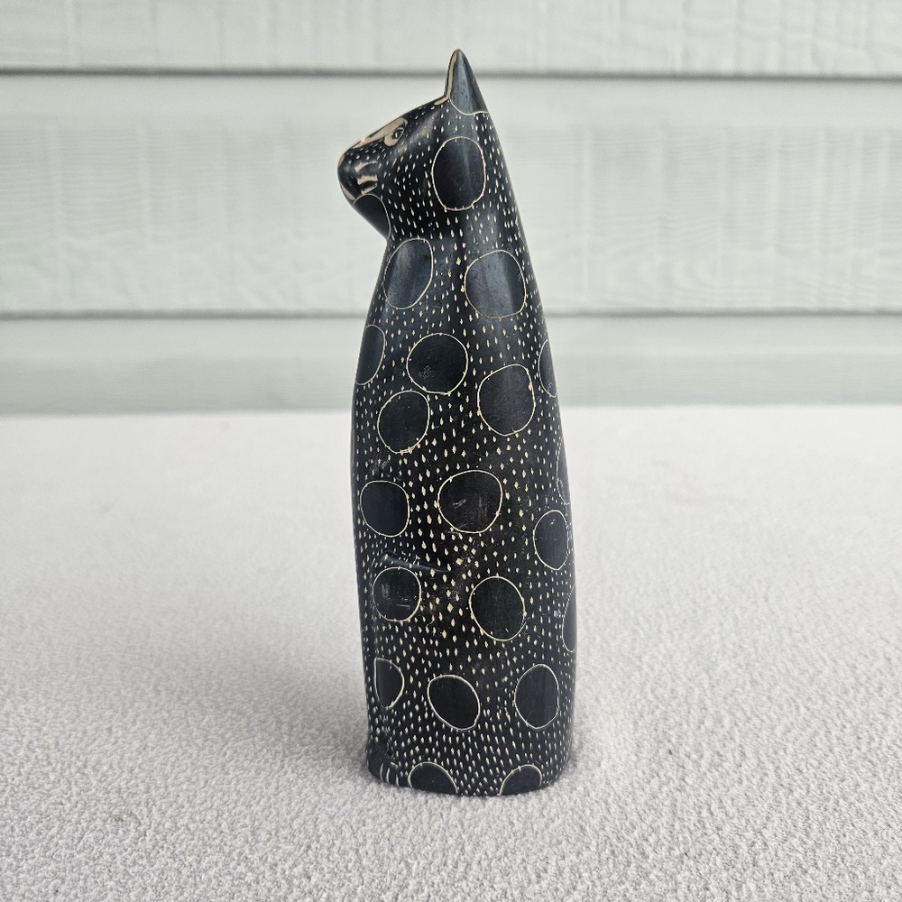 Soapstone Carved Serenity Cat Figurine Abstract Tall 6" Black African Egyptian - Picture 2 of 7